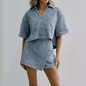 ELFTOWN Women's 2-Piece Denim Set V-Neck Tunic Top & High-Waisted Skort Skirt